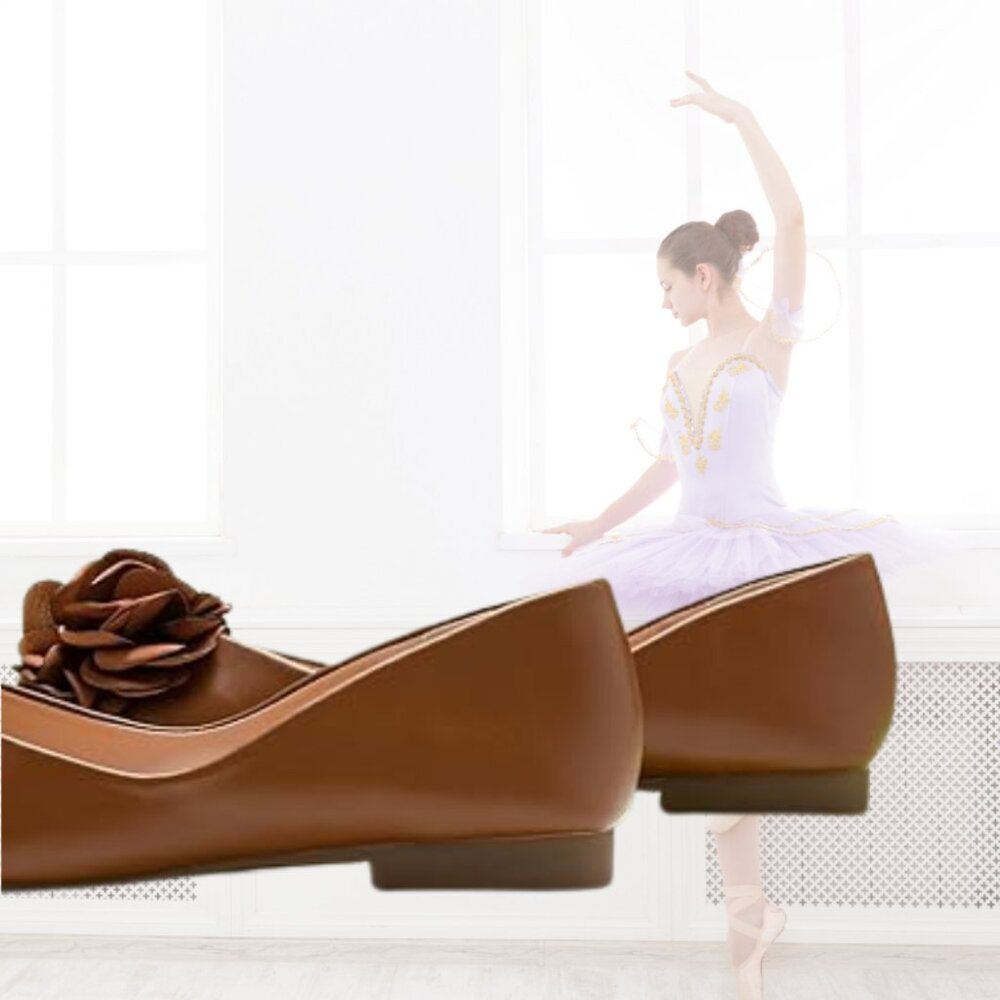 NWT - C. Paravano Eva - Square-toe Ballet Flats w/Flower Detail - Brown - Picture 3 of 6